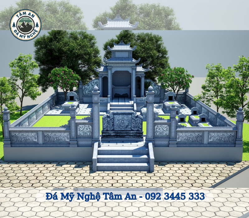 Chi phí làm khu lăng mộ đá, những yếu tổ ảnh hưởng đến giá cả thi công khu lăng mộ hình 1 Khu lăng mộ đá xanh rêu thiết kế cổng tam quan tứ trụ và cuốn chiếu đá hoa văn chạm khắc